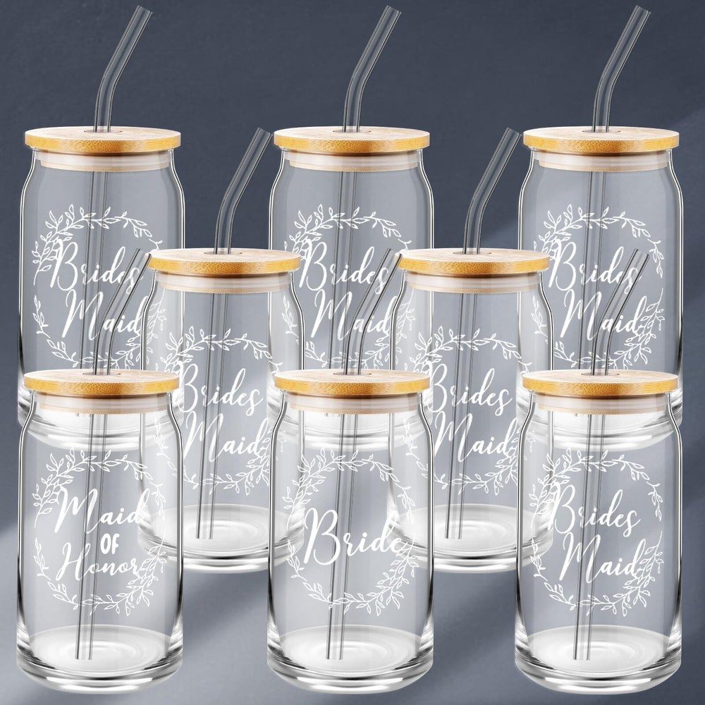 Tanlade 8 Pcs Bridesmaid Proposal Gifts 16 oz Glass Cups Maid of Honor Gift M…