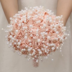 Small Bridal Wedding Bouquet Handmade with Luxury Pearl Lace Ribbon Satin Ros…
