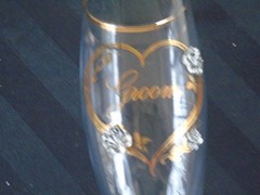 C-1292 2 Bride & Groom Champagne Flutes with Hearts Gold Trim & Pewter Flowers