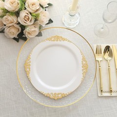 10 WHITE GOLD 10″ Round Plastic Salad Dinner PLATES Embossed Baroque Rim Party