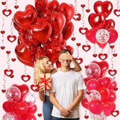 Red Heart Balloons Set, 30Pcs Heart Shaped Balloons and 50Pcs Red Hanging