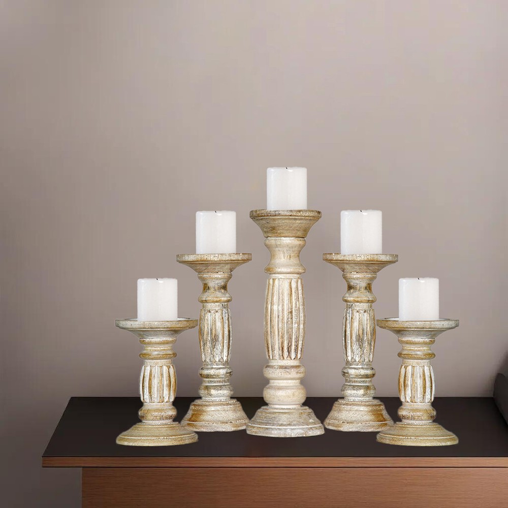 Handmade Eco-Friendly Antique White Mango Wood Set Of Five Pillar Candle Holder