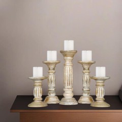 Handmade Eco-Friendly Antique White Mango Wood Set Of Five Pillar Candle Holder