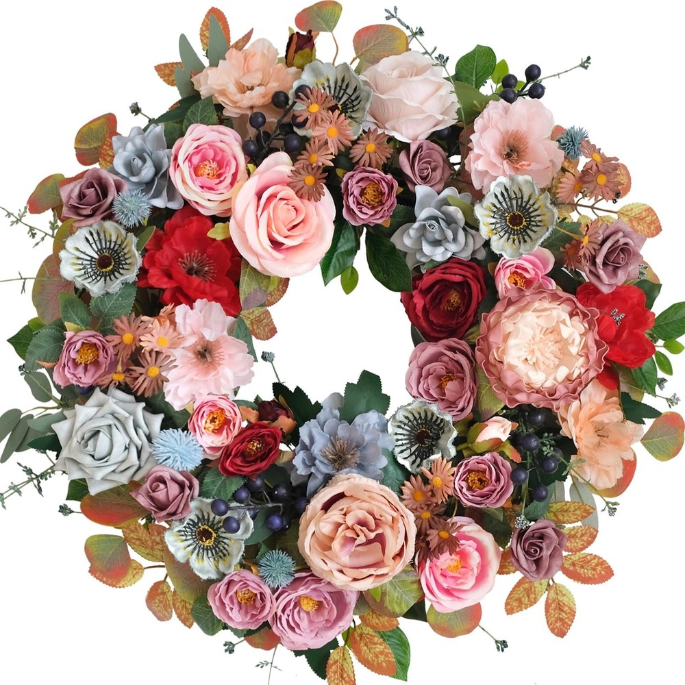22 Inches Spring Summer Everyday Flower Wreath for Front Door, Artificial Ros…