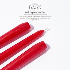Bask 10-inch Taper Candles – Unscented and Dripless – Burns 10″ – 12Pack, Red