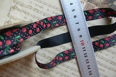 CHERRIES Double Red on BLACK with Red Spots – 16mm Wide 4.4 Metre Length LR6cntr