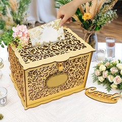 Glittery Gold Wedding Card Box with Lock, Wood Gift Card Box for Wedding Rece…