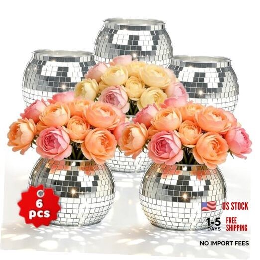Pcs Disco Ball Vases,» X.7″ Disco Ball Centerpieces Decor,Silver Mirror 6