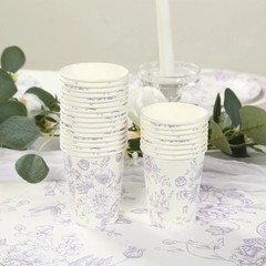 24 WHITE LAVENDER 9 oz Disposable PAPER CUPS French Toile Pattern Party Supplies