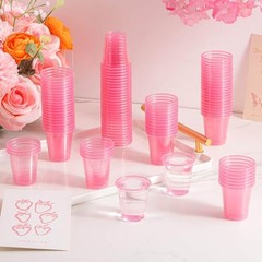 100ct 2oz Mini Clear Shot Glasses, Disposable Small Plastic Cups for Pink