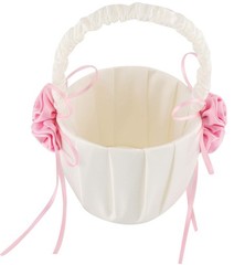 Satin and rose flower decorated wedding flower girl basket.(Height: 8 inches)…