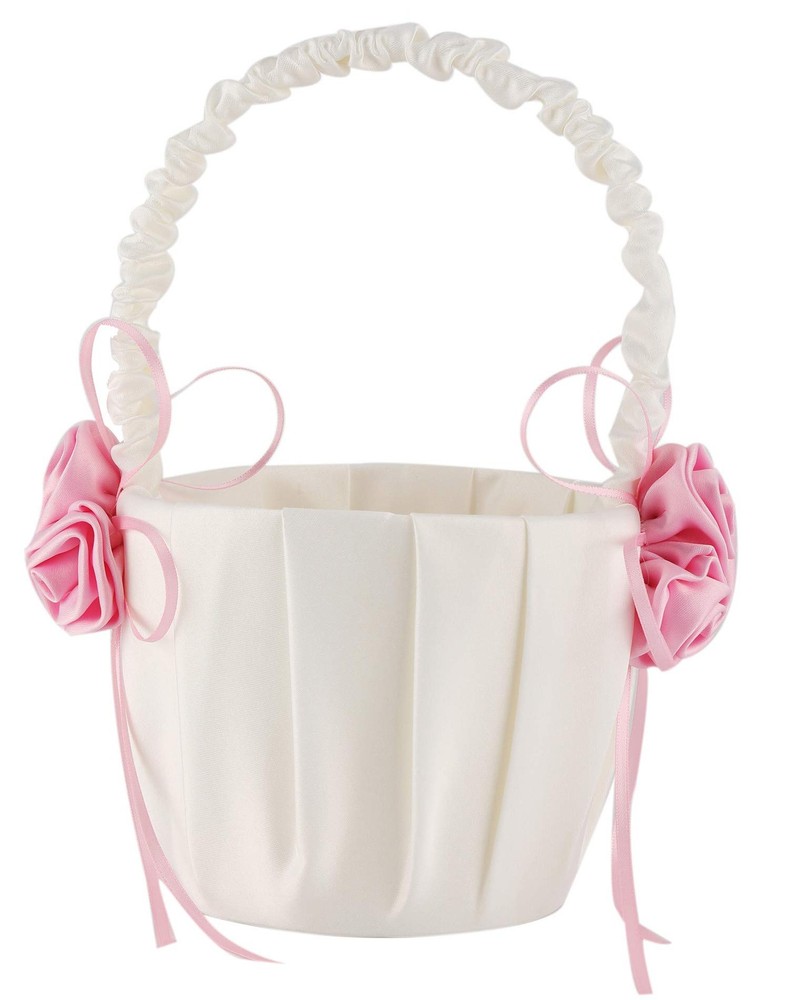 Satin and rose flower decorated wedding flower girl basket.(Height: 8 inches)…
