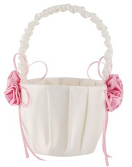 Satin and rose flower decorated wedding flower girl basket.(Height: 8 inches)…