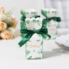 25 WHITE GREEN Leaves Print Gift Favor Boxes with Satin Ribbon Party Events