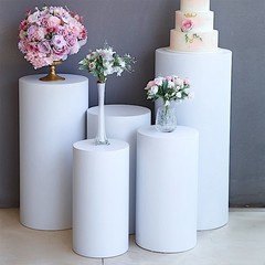 5 WHITE Metal Cylinder Display STANDS Pedestal Riser Columns Party Decorations