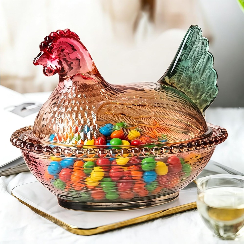 Glass Candy Dish with Lid, Chicken Silhouette, Vintage Rooster Decor Bowl, Snack