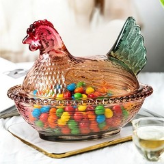 Glass Candy Dish with Lid, Chicken Silhouette, Vintage Rooster Decor Bowl, Snack
