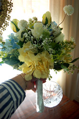 Handmade- One of a Kind Bridal Bouquet Silk, Blue, Yellow, White Cascade NEW