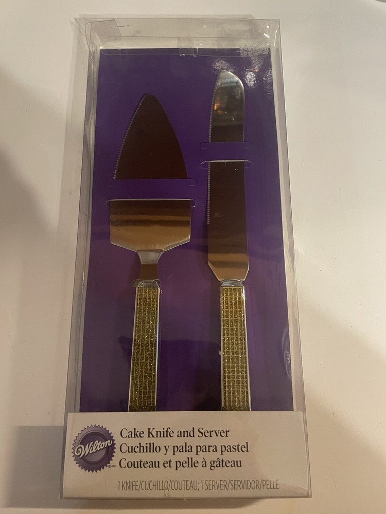 Wilton Vintage Glamour Cake Knife and Server Set Gold Rhinestones discontinued