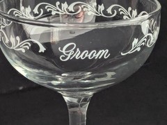 Vintage Bride & Groom Champagne Coupe Glasses Etched Scroll Wedding Toast Set