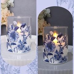Flameless Candles Glass with Remote Control & Timer Blue and White Porcelain