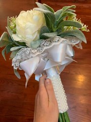 Beautiful Wedding Bouquet White Peony Sage Silk Flowers Pearls Lace Ribbons