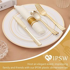 Gold Plastic Plates and Disposable Silverware w/Per-Rolled Napkins,Home