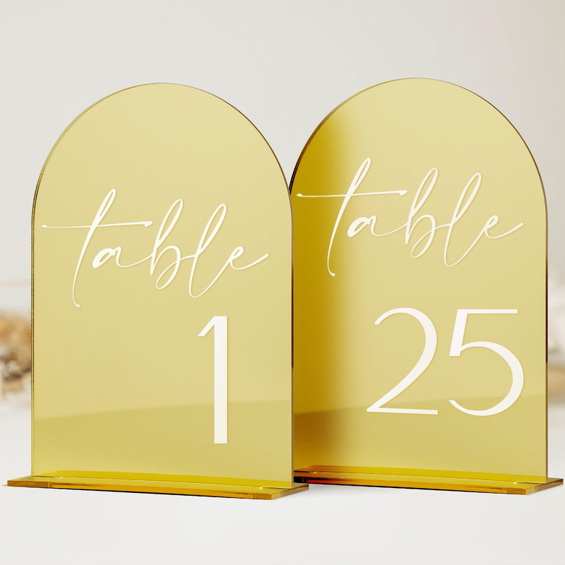 Hoodo Gold Mirror Acrylic Wedding Table Numbers 1-25 Stands 5X7 Arched Acrylic