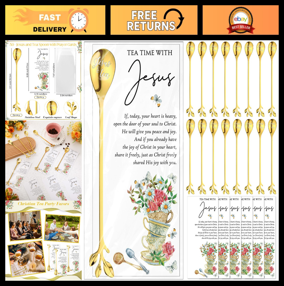 50 Sets Christian Tea Party Favors – Jesus Teaspoons & Prayer Cards, 6.5″ Gold C
