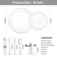 350PCS Clear Plastic Plates with Trim for 50 Guests, 50 Guests Set Silver