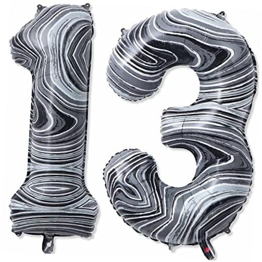 13 Balloon Number, 40 Inch Black Marble Foil Balloons Giant Marble Number 13
