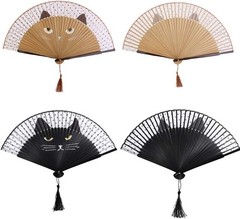 2 Pieces Cat Folding Fans Handheld with Bamboo Frame and Black Brown