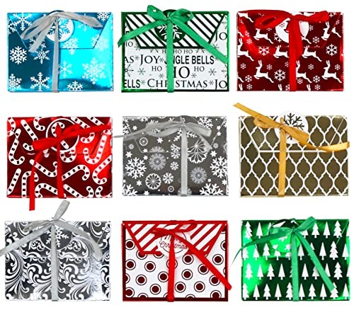 Christmas Holiday Foil Embossed Gift Card Holder Boxes with Ribbon, Set Multi