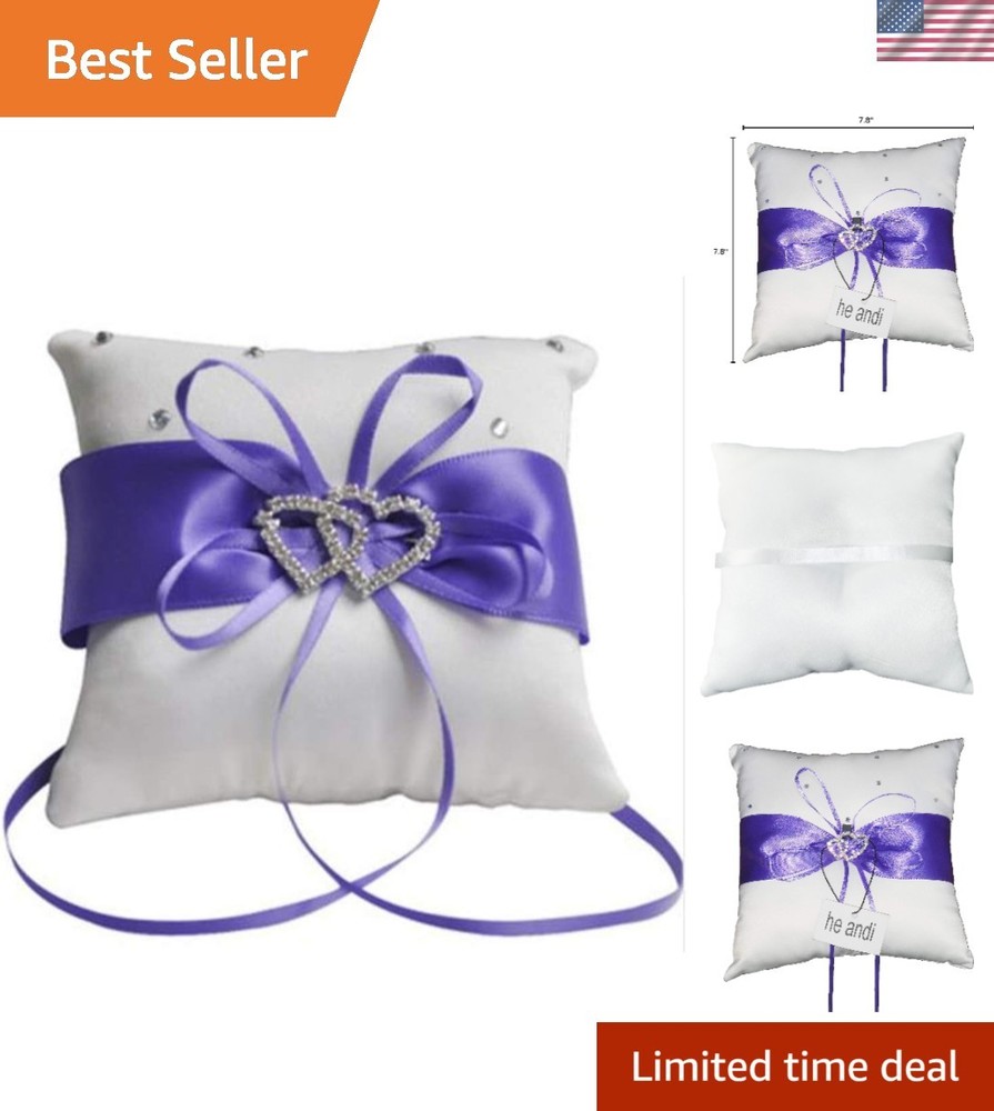 7.8″ Satin Double Hearts Decoration Wedding Ring Bearer Pillow Purple