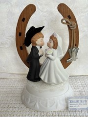 Western Wedding Cake Topper Groom In Cowboy Hat Bride w Lucky Horseshoe