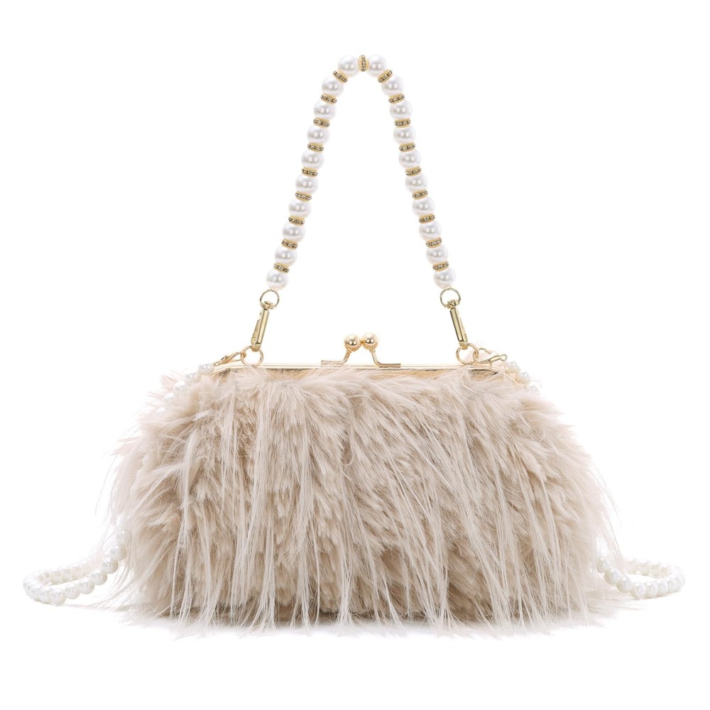 Clutch Purse for Women Fluffy Feather Evening bags Pearl Handbag Vintage Shou…
