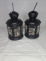 Set of 2 Black American Candle Lanterns Aluminum Metal And Glass With Candles