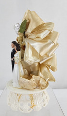 1950’s Wedding Cake Topper Bride & Groom Ribbon Leaves on Plastic Stand