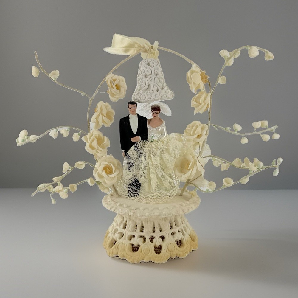 Vintage Art Deco Bride Groom Wedding Topper Bell Clapper Lace Ceramic Stand Silk