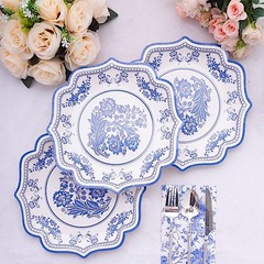 25 White 10″ Paper Dessert Plates Blue Floral Print Scalloped Rim Party Events