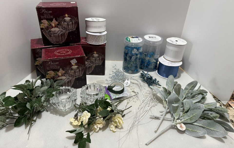 Wedding supplies lot used, Tea Lights, Flowers, Ribbon and Glass stones