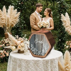 Hexagon Brown Wooden Wedding Card Box Envelope Money Floral Print Rustic Decor