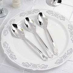Plastic SILVER SPOONS Disposable Party Home Elegant Light Gray Catering Home