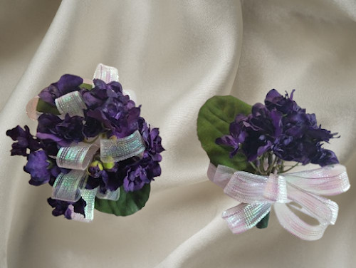 Hand Made wrist Corsage and boutonniere Set African violet blossoms