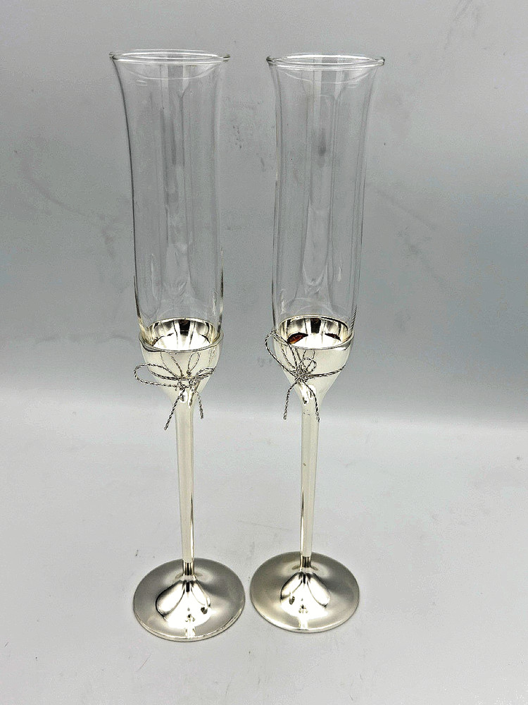 Vera Wang Love Knots Wedgwood Toasting Champagne Flutes Silver Plated Set/2