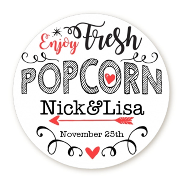 Enjoy Fresh Popcorn – Round Personalized Bridal Shower/Wedding Sticker Labels
