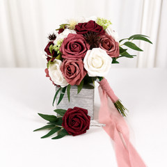 Burgundy Mauve Pink White Foam Rose Bridal Bouquet Boutonniere Wedding Set