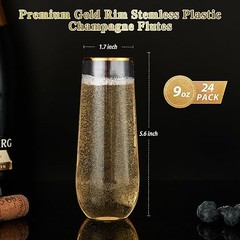 24 Pack 9 Oz Plastic Stemless Gold Rim Gold Rim Plastic Champagne Flutes