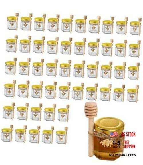 50 Pack 1.5 oz Hexagonal Mini Glass Honey Jars in Bulk with Wooden 50 pack