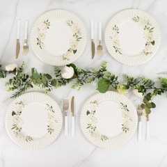 25 WHITE SAGE GREEN Dinner Paper Plates with Floral Lined Rim Decorations